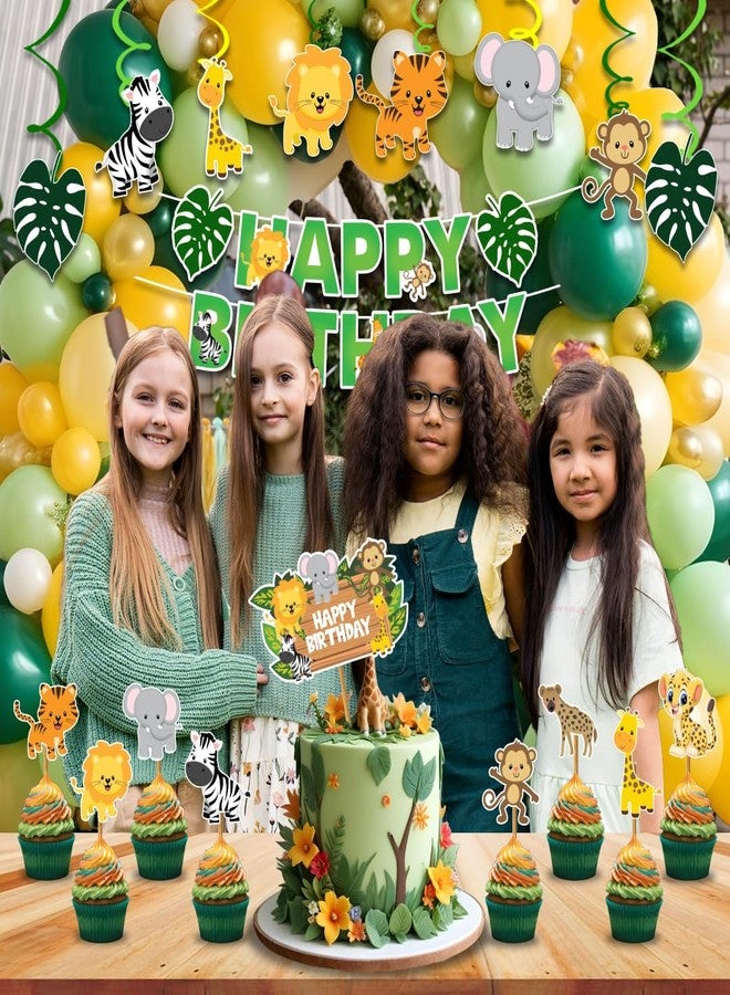 Festiko® Jungle Theme Birthday Decoration Combo (38 Pcs) - Includes Banner with Ribbon, 20 Balloons, Cake & Cupcake Toppers, Swirl Cutouts - Safari Theme Party Decor for Kids & 1st Birthday - Image 3